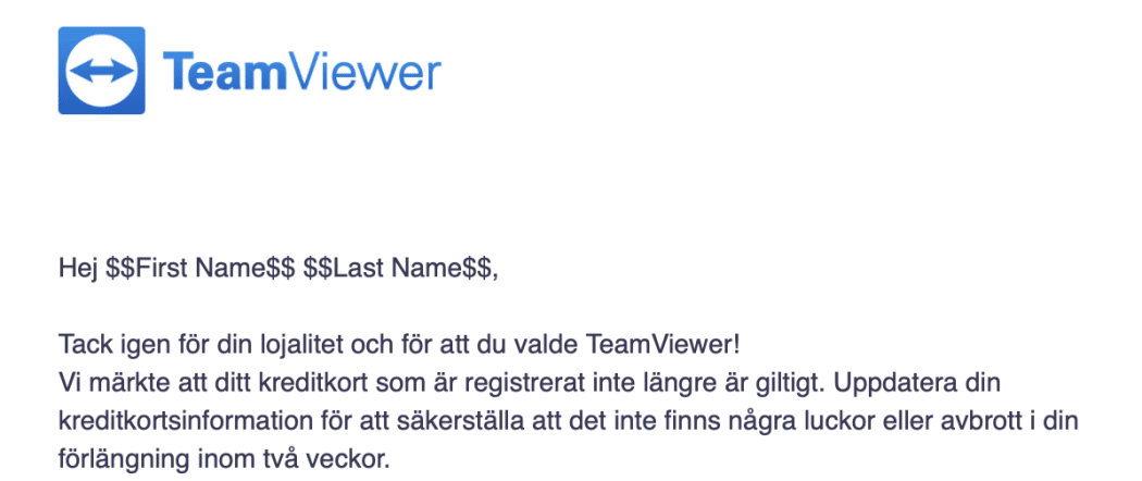 skärmdump av mail från TeamViewer