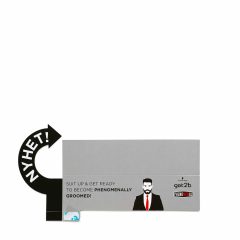 Hyllkantspratare "got2b" i kartong, som fäst på hyllkanten och sticker ut från hyllan.