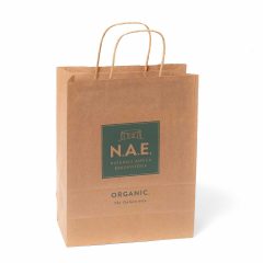 Papperskasse "N.A.E." i brunt kraftpapper med tvinnade pappershandtag och enfärgstryck i grönt