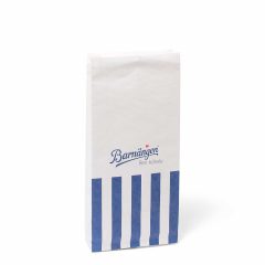 Blå och vit glasspåse "Barnängen" tryckt i blått.