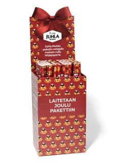 Störtställ "Paulig Juhla" fyllt med presentpapper, med tillhörande toppskylt.