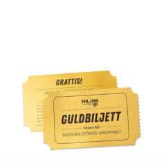 Figurstansade flygblad i form av biljetter tryckta på guldfärgat designpapper.
