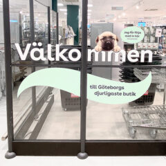 Utskuren vinyl med tryck, applicerat på glas i butiksentré.