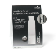 "bordsryttare", en skylt som viks ihop till en stående trekant och ställs på bord/disk. Här med stansat hål för produkt.