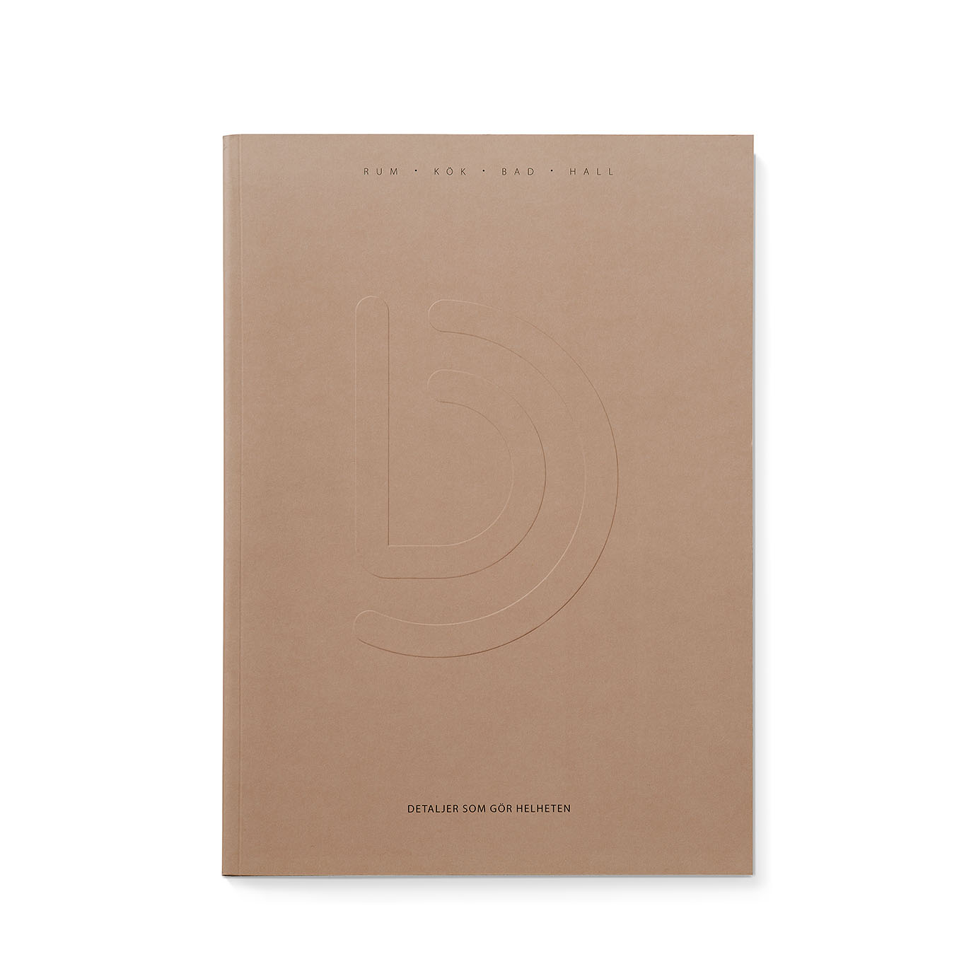 Linnetrådsbunden katalog med blindpräglad logo "Beslag Design".