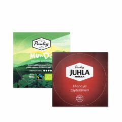 Två fönsterdekaler "Paulig", pvc-fria och limfria, toppstansade på kvadratisk bärare.