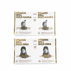 Två etiketter, med guldfoliering "Vitamin Well".