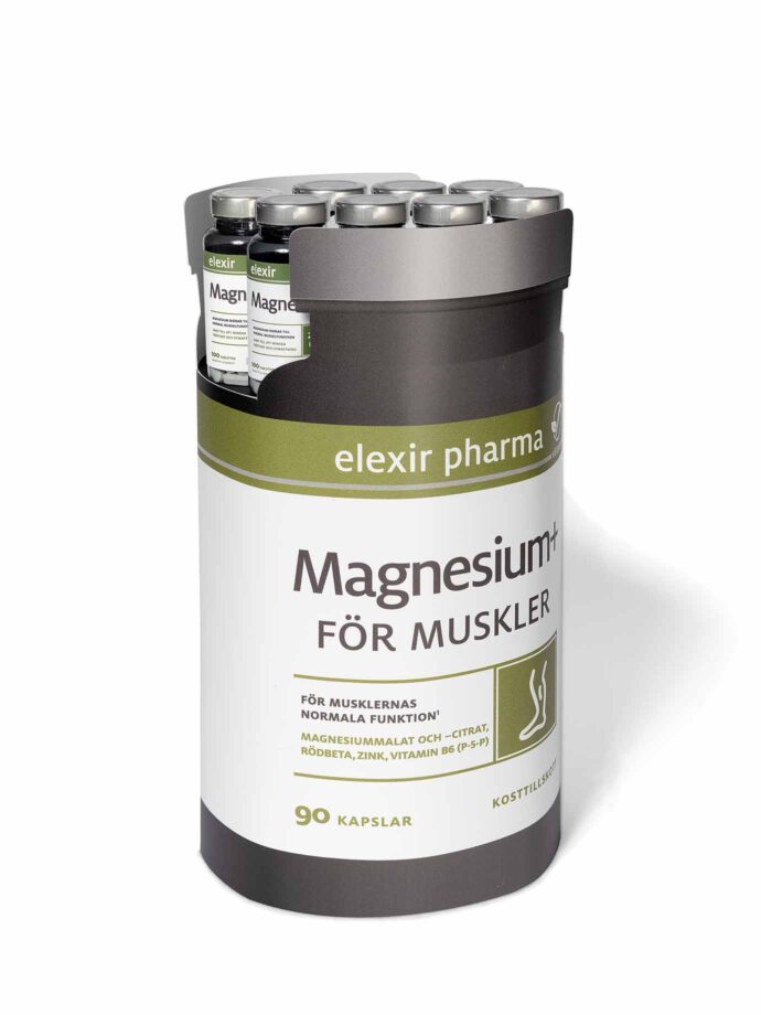 Bordsdisplay i form av en pillerburk, för exponering av kosttillskott "Elexir Pharma".