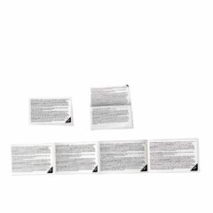 "Sandwich-etiketter" i två lager, där man kan vika upp det övre lagret för att läsa det undre. Nedanför visas etiketterna levererade på rulle för maskinell applicering.