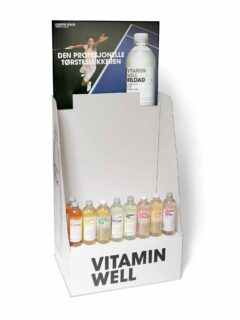 Butiksdisplay "Vitamin Well", anpassad för halvpall, med utbytbar toppskylt.