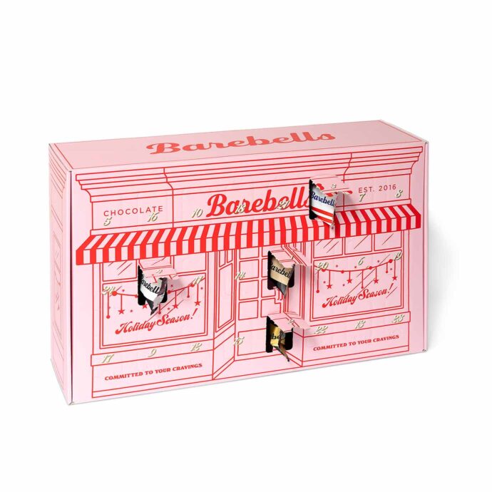 Julkalender "Barebells" med 24 luckor, gjord av wellpapp.