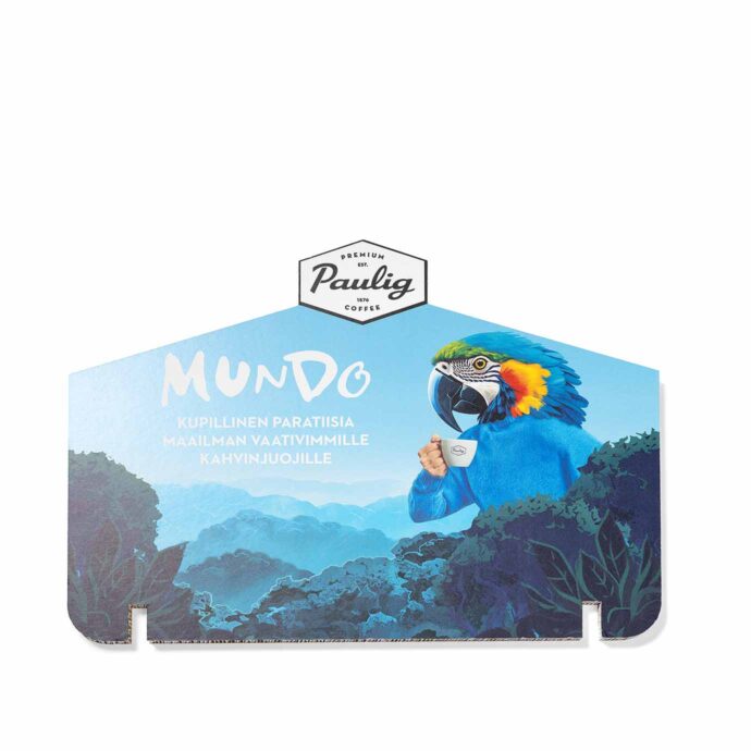 Toppskylt "Paulig" i materialet reboard, att sättas på en golvdisplay i samma material