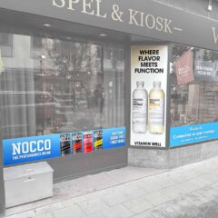 Fönsterfoliering "Nocco/Vitamin Well/Barebells" för permanent utomhusbruk.