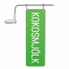 Magnetisk skylthållare, med utbytbara skyltar, som sticker ut från hyllkanten