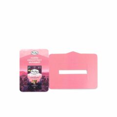 Hyllkantspratare i papp "Paulig", som fäst på hyllkanten runt prisskylten. Bilden till vänster kan sedan vikas ut 90 grader från hyllan. Kan även kallas "prisskyltspush".