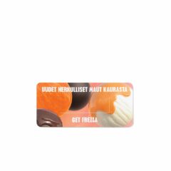 Hyllkantspratare i papp "Frezza", som fäst på hyllkanten runt prisskylten. Kan även kallas "prisskyltspush".