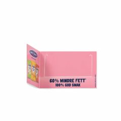 Hyllkantspratare "Santa Maria" i bockad plast, som fäst under prisskylten. Kan även kallas "prisskyltspush"